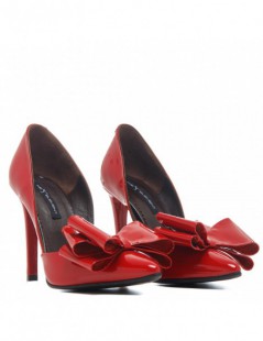 Pantofi stiletto piele naturala Rosu Glow cu funda - The5thelement.ro