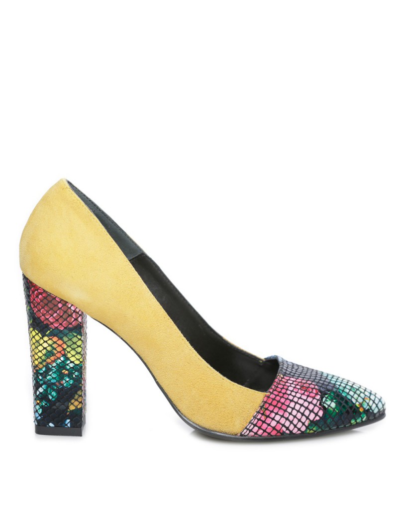 Pantofi cu toc gros piele Yellow Flowers - The5thelement.ro