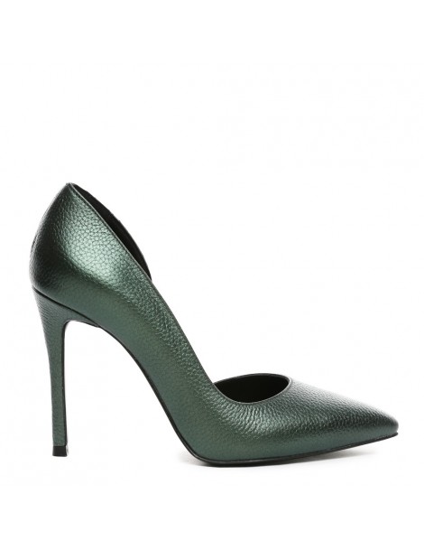 Pantofi stiletto piele naturala Verde Metallic Cut - The5thelement.ro