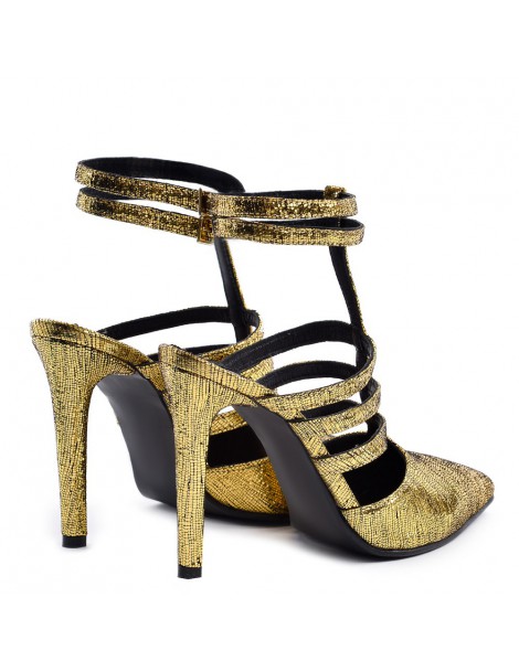 Pantofi stiletto piele naturala Auriu Multi Strap - The5thelement.ro