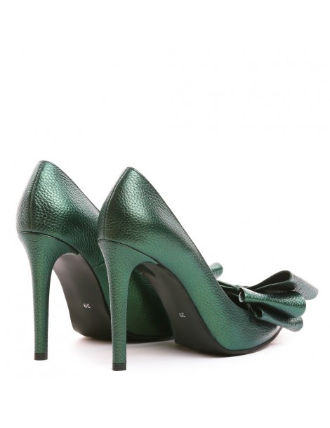 Pantofi stiletto piele naturala Green cu funda - The5thelement.ro