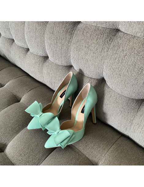 Pantofi stiletto piele naturala Menta cu funda - The5thelement.ro