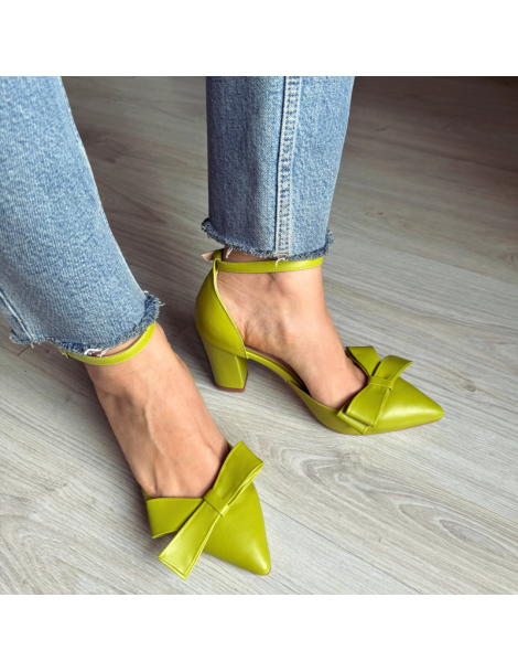 Pantofi Piele Naturala Dama Verde Lime Urban cu funda - The5thelement.ro