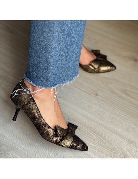 Pantofi stiletto piele naturala Auriu cu funda Cut - The5thelement.ro