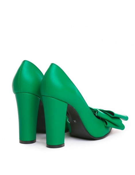 Pantofi cu toc gros piele Verde Cut cu funda - The5thelement.ro