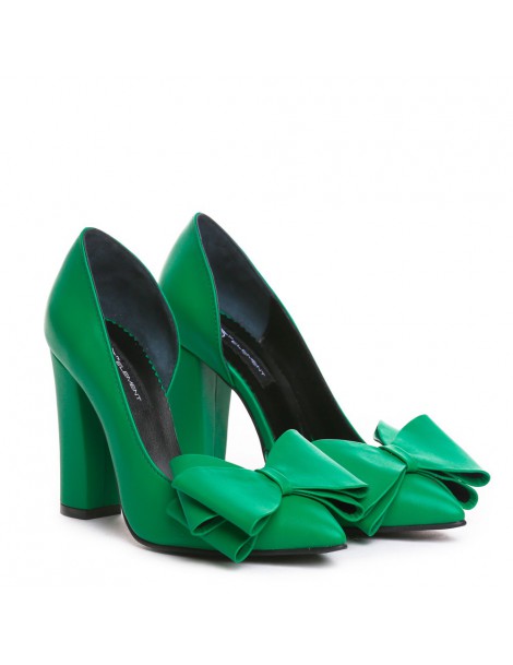 Pantofi cu toc gros piele Verde Cut cu funda - The5thelement.ro