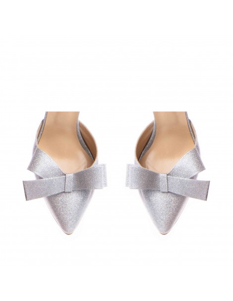 Pantofi Piele Naturala Dama Argintiu Glitter Bow - The5thelement.ro