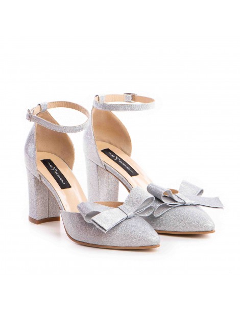 Pantofi Piele Naturala Dama Argintiu Glitter Bow - The5thelement.ro