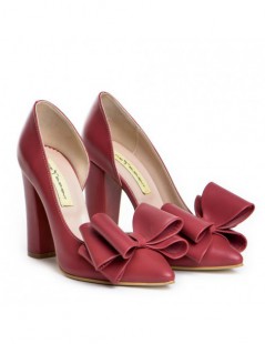 Pantofi cu toc gros piele Burgundy cu funda Cut - The5thelement.ro