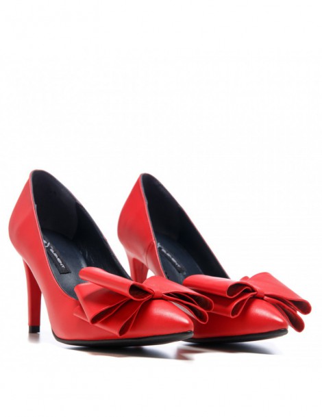 Pantofi stiletto piele naturala Simple Rosu cu funda - The5thelement.ro