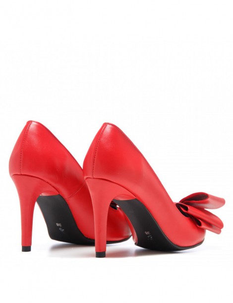 Pantofi stiletto piele naturala Simple Rosu cu funda - The5thelement.ro
