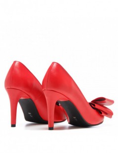 Pantofi stiletto piele naturala Simple Rosu cu funda - The5thelement.ro