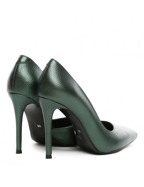 Pantofi stiletto piele naturala Verde Metallic Cut - The5thelement.ro