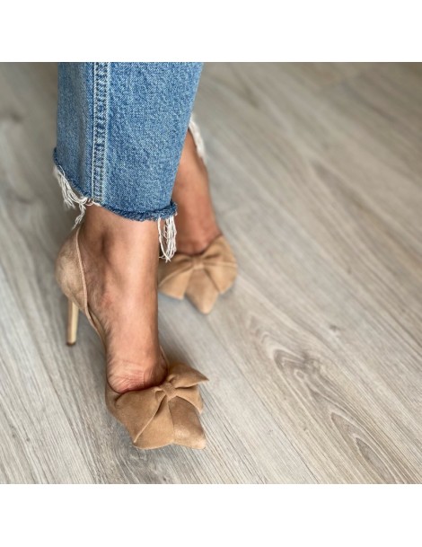 Pantofi stiletto piele naturala Beige cu funda Cut - The5thelement.ro