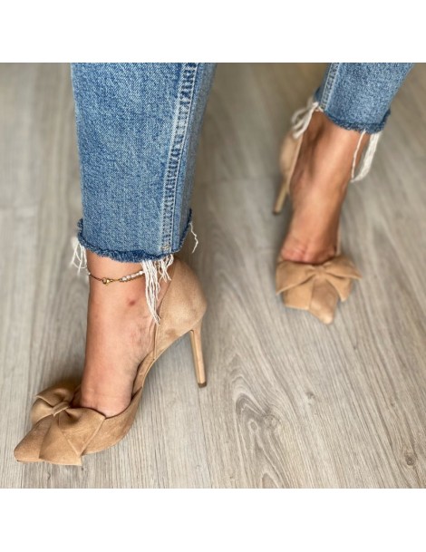Pantofi stiletto piele naturala Beige cu funda Cut - The5thelement.ro