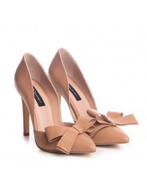 Pantofi stiletto piele naturala Bej cu funda - The5thelement.ro