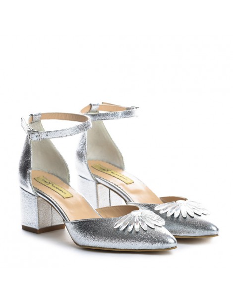 Pantofi mireasa piele naturala Argintiu Fancy Flats - The5thelement.ro