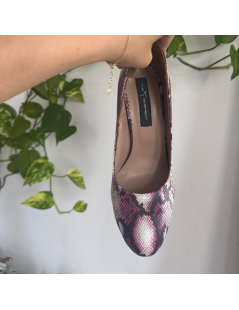 Pantofi cu toc gros piele Print Marsala Roz - The5thelement.ro