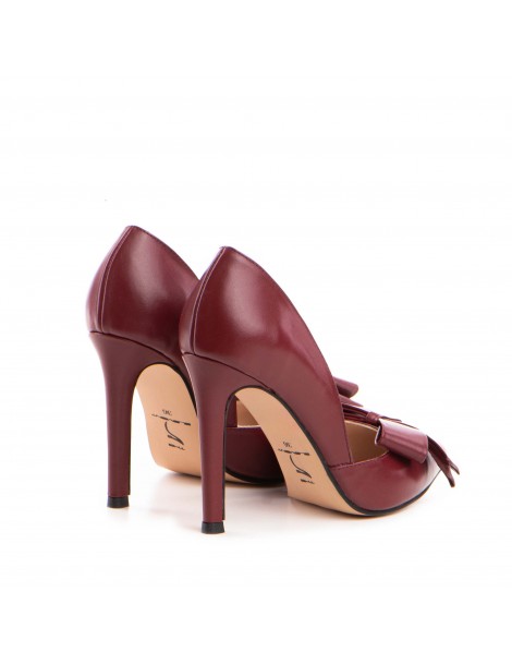 Pantofi stiletto piele naturala Visiniu cu funda - The5thelement.ro