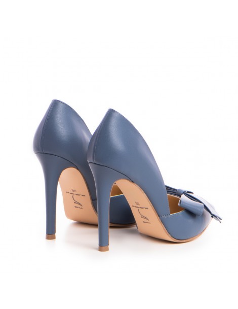 Pantofi stiletto piele naturala Bleu Jeans cu funda - The5thelement.ro