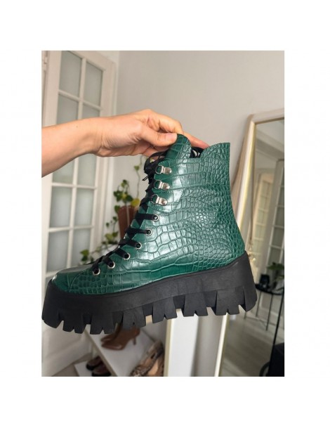 Bocanci dama Piele Naturala Verde Print Combat - The5thelement.ro