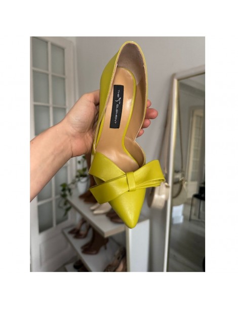Pantofi stiletto piele naturala Verde Lime cu funda - The5thelement.ro