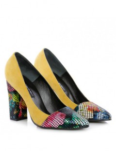 Pantofi cu toc gros piele Yellow Flowers - The5thelement.ro