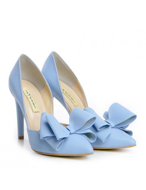 Pantofi stiletto piele naturala Bleu cu funda - The5thelement.ro