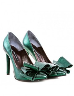 Pantofi Stiletto Piele Naturala Verde Metalic Bow - The5thelement.ro
