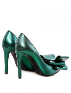 Pantofi Stiletto Piele Naturala Verde Metalic Bow - The5thelement.ro