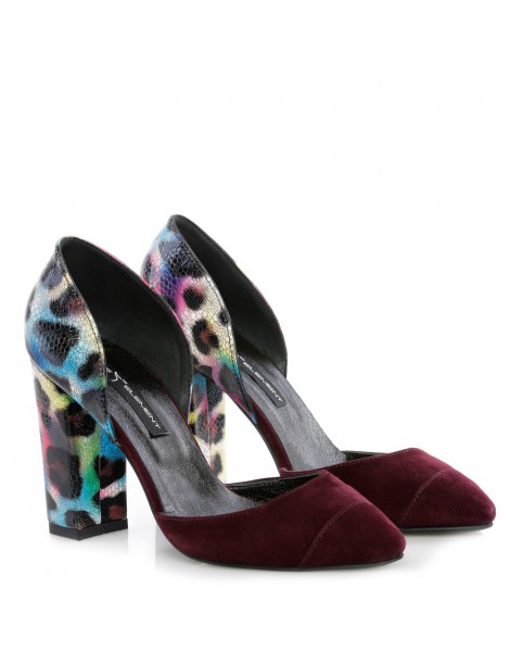 Pantofi cu toc gros piele Marsala Raincu funda - The5thelement.ro