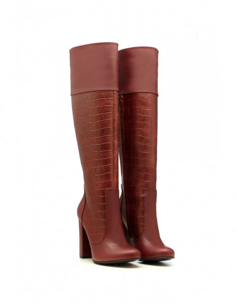 Cizme dama Long Boots Burgundy Croc Piele Naturala - The5thelement.ro