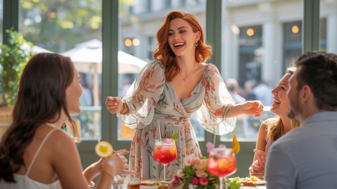 Alegerea rochiei perfecte pentru o petrecere la restaurant (imagine cu o femeie imbracata intr-o rochie din tulle inflorat in mijlocul invitatilor sai)