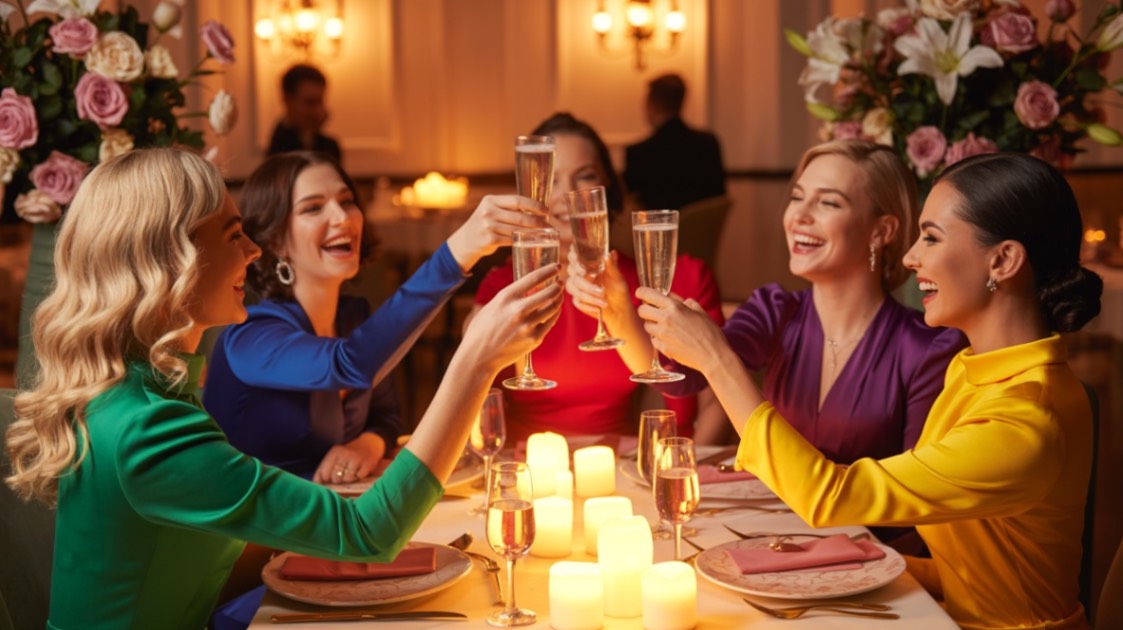 Tinute de petrecere la restaurant pentru evenimente speciale (imagine cu niste femei in rochii colorate sarbatorind un eveniment special la restaurant)